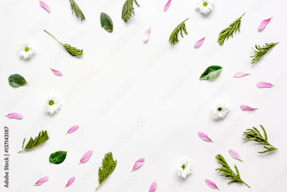 Herbal pattern with petals on white background top view mock up