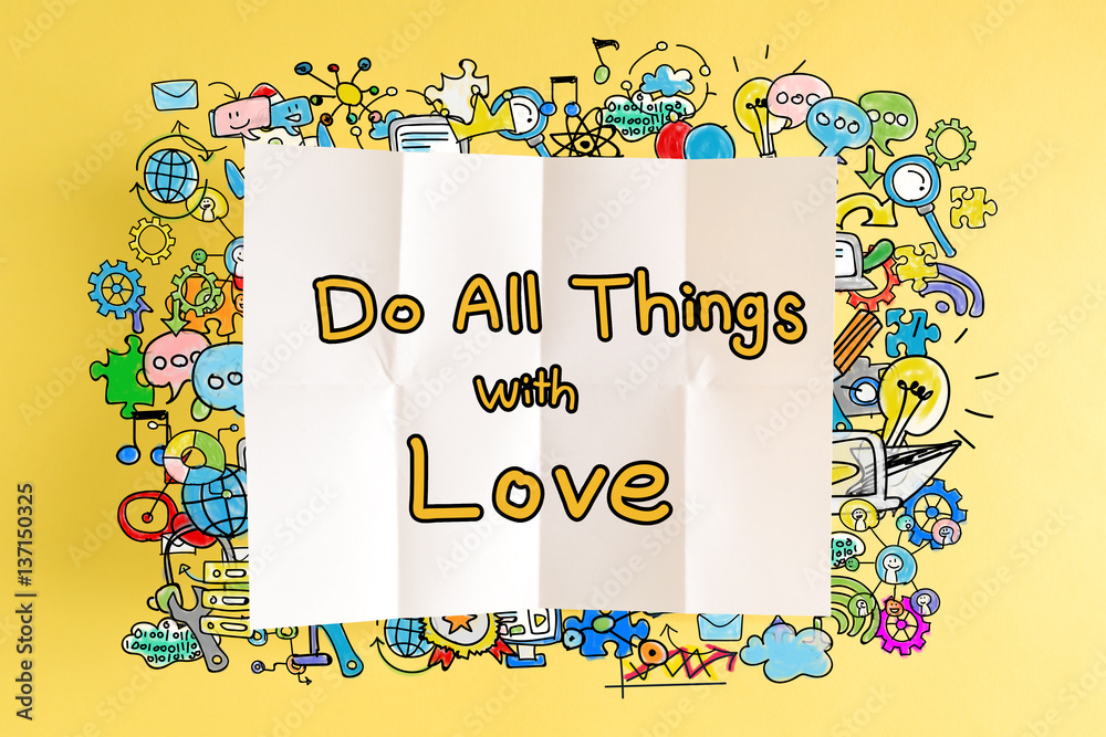 Do All Things With Love text with colorful illustrations