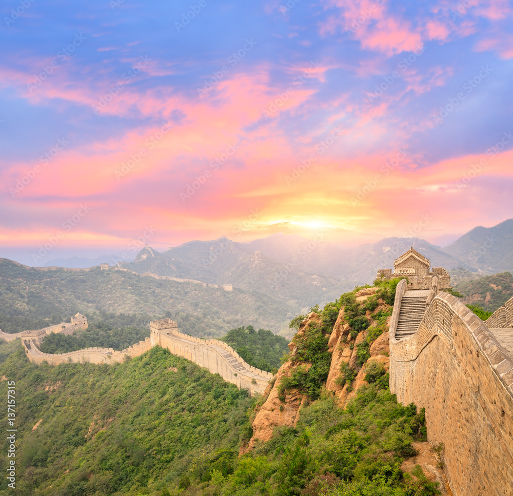 Beautiful and spectacular Great Wall of China at sunset