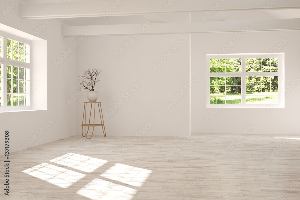 White empty room with green landscape in window. Scandinavian interior design