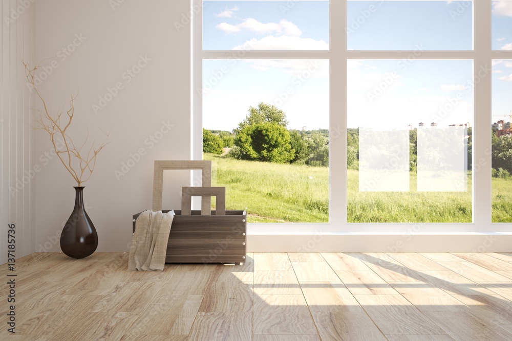 White room with vase and green landscape in window. Scandinavian interior design