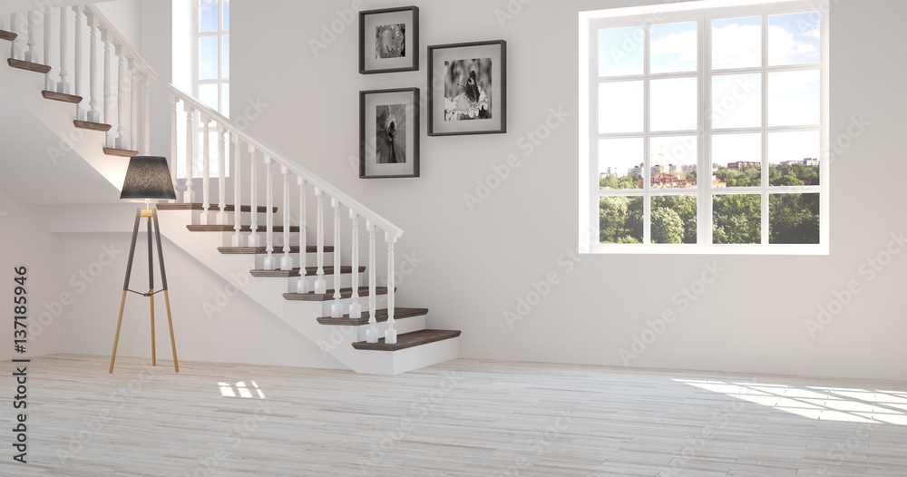 White room with stair and green landscape in window. Scandinavian interior design