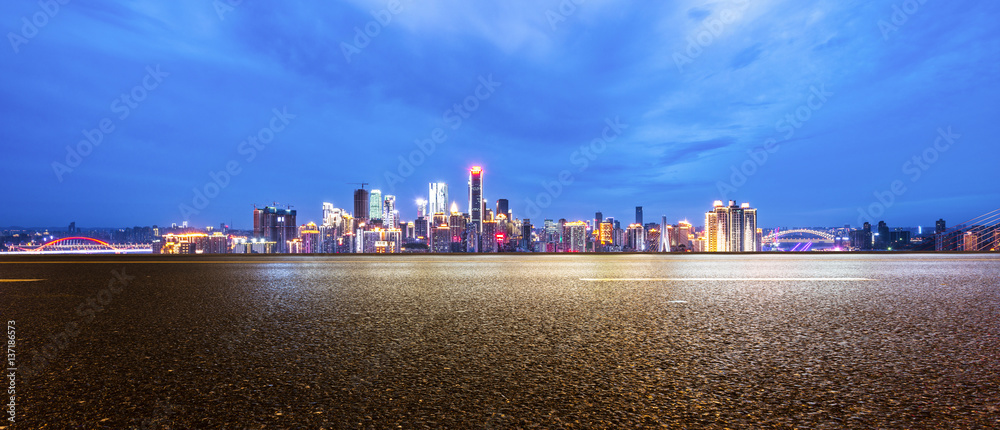 cityscape and skyline of chongqing from empty road