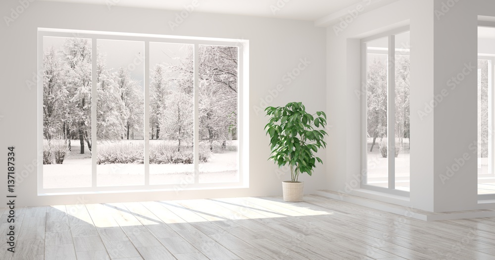 White empty room with winter landscape in window. Scandinavian interior design