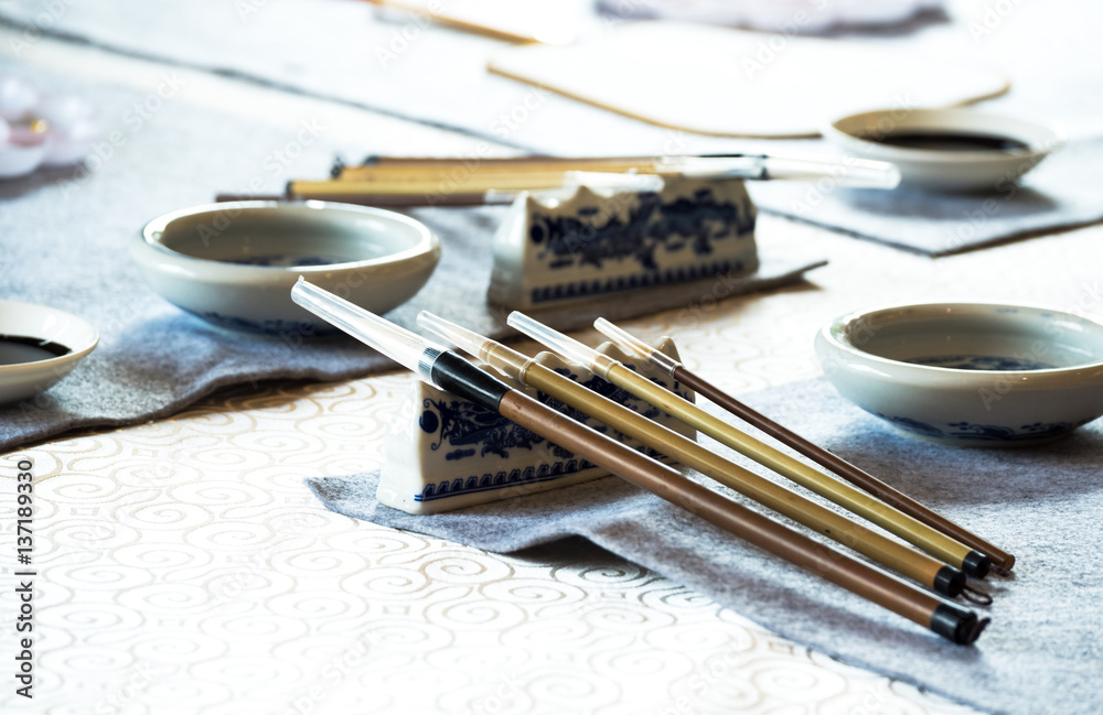 chinese calligraphy tools on table