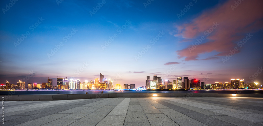 cityscpae and skyline of hangzhou new city from empty floor