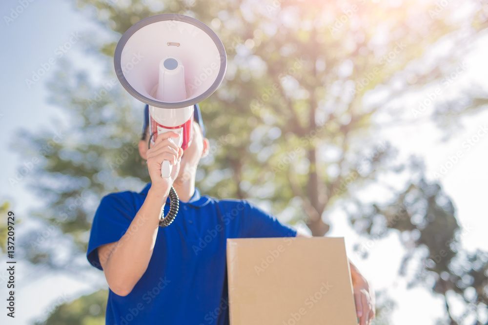 deliveryman take megaphone