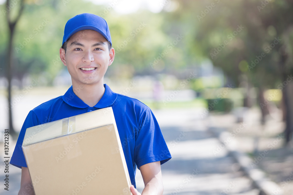 deliveryman stand and smile