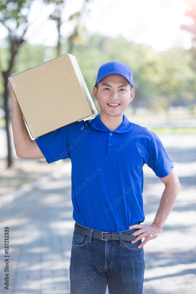 deliveryman stand and smile