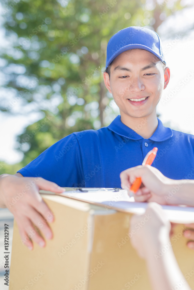 deliveryman stand and smile