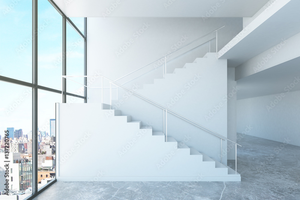 Interior with stairs and city view