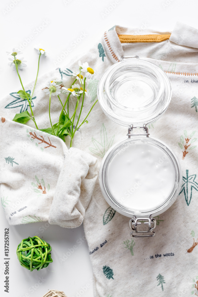 natural organic cosmetics for baby on white background top view