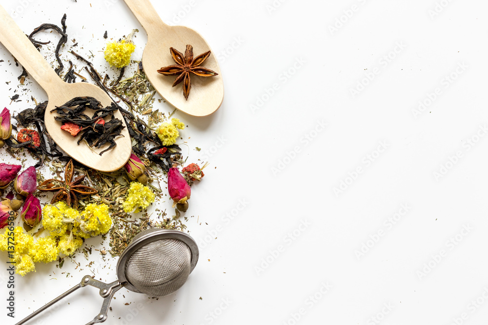 Wooden spoons with herbal tea white background top view mock-up