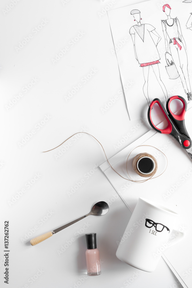 desktop designer clothes with tools top view mock up