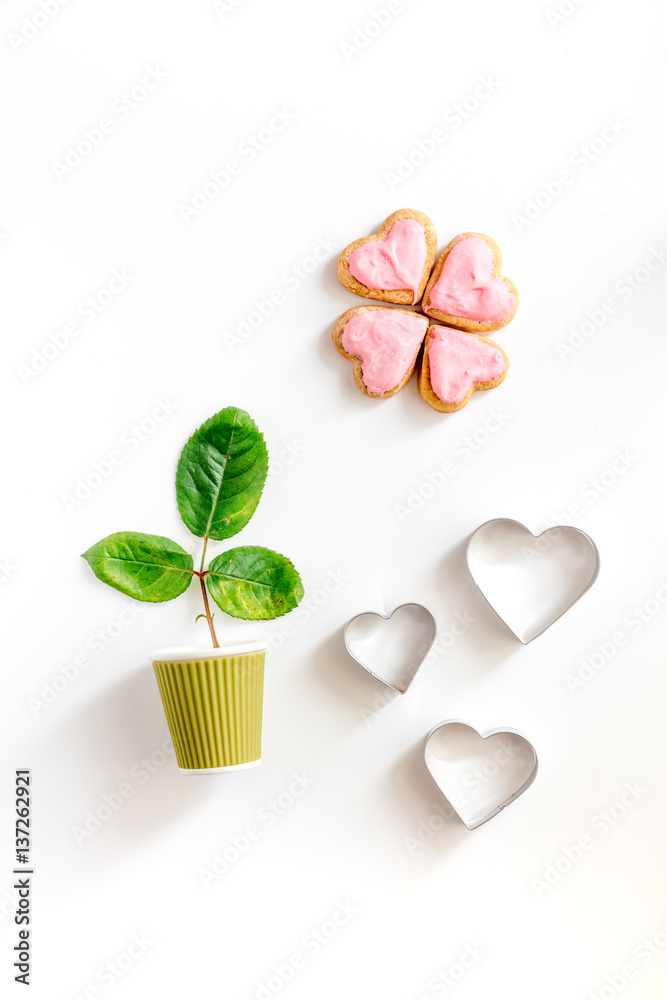 cookies for Valentine Day heartshaped white background top view pattern