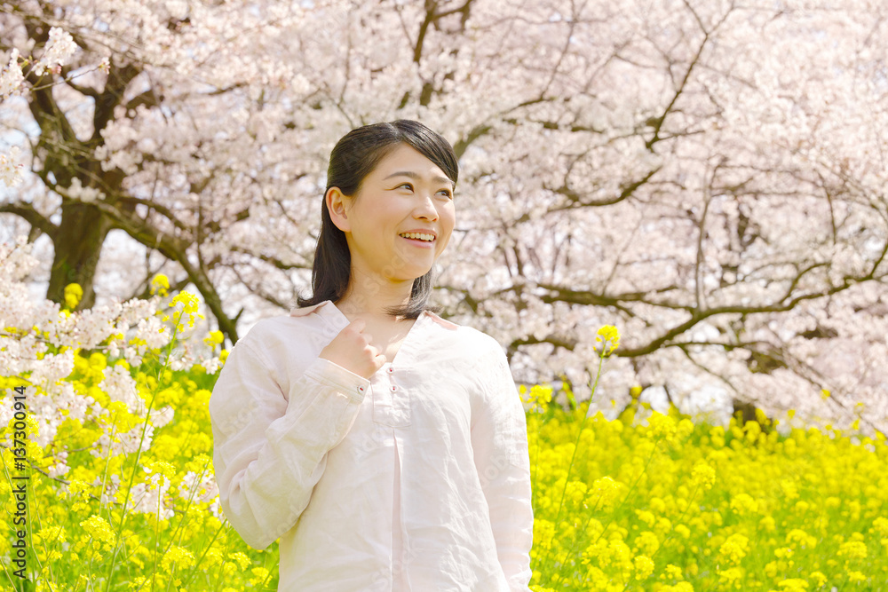 女性　桜と菜の花