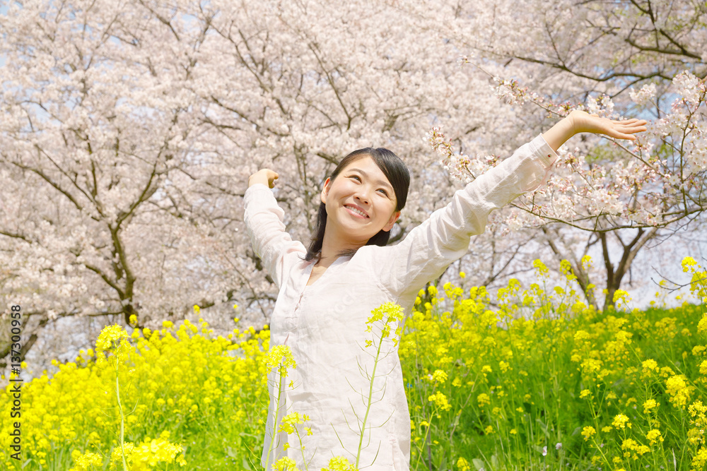 女性　桜と菜の花