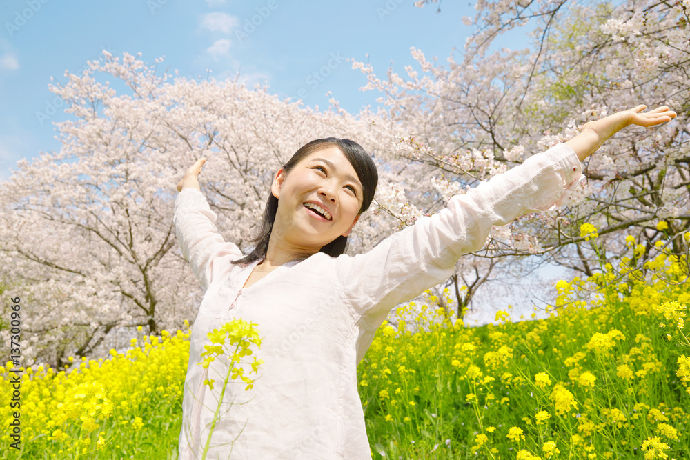 女性　桜と菜の花