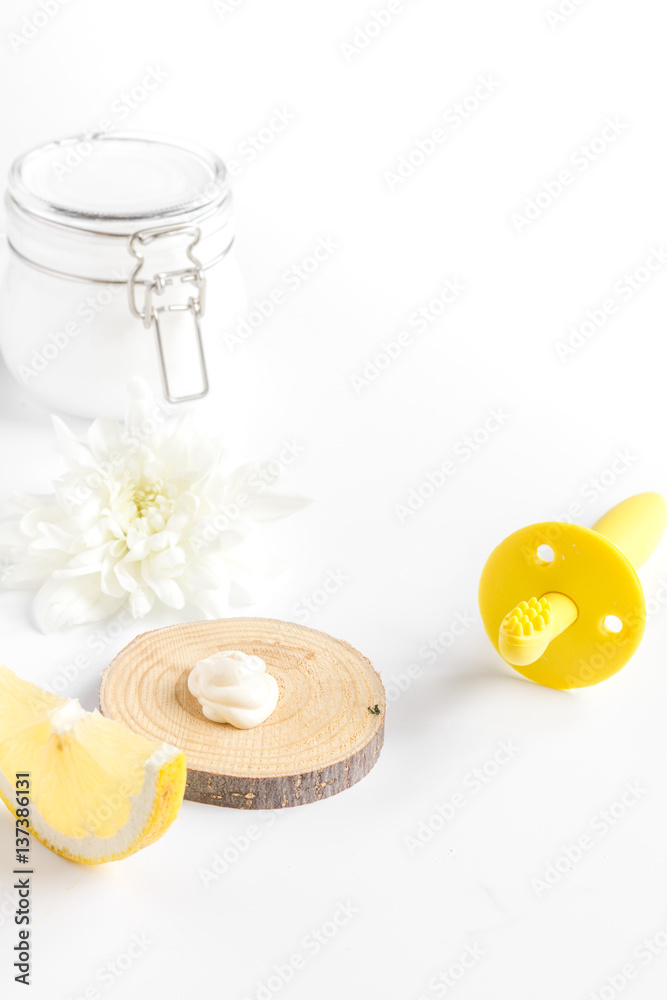 natural organic cosmetics with herbs for baby on white background