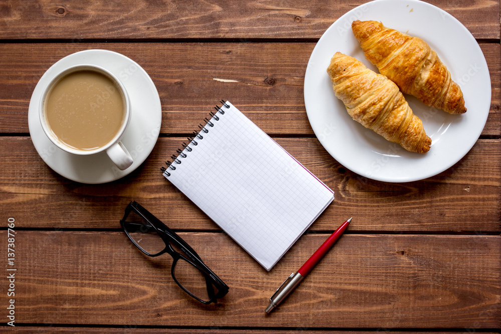 Business breakfast with coffee and croussant top view