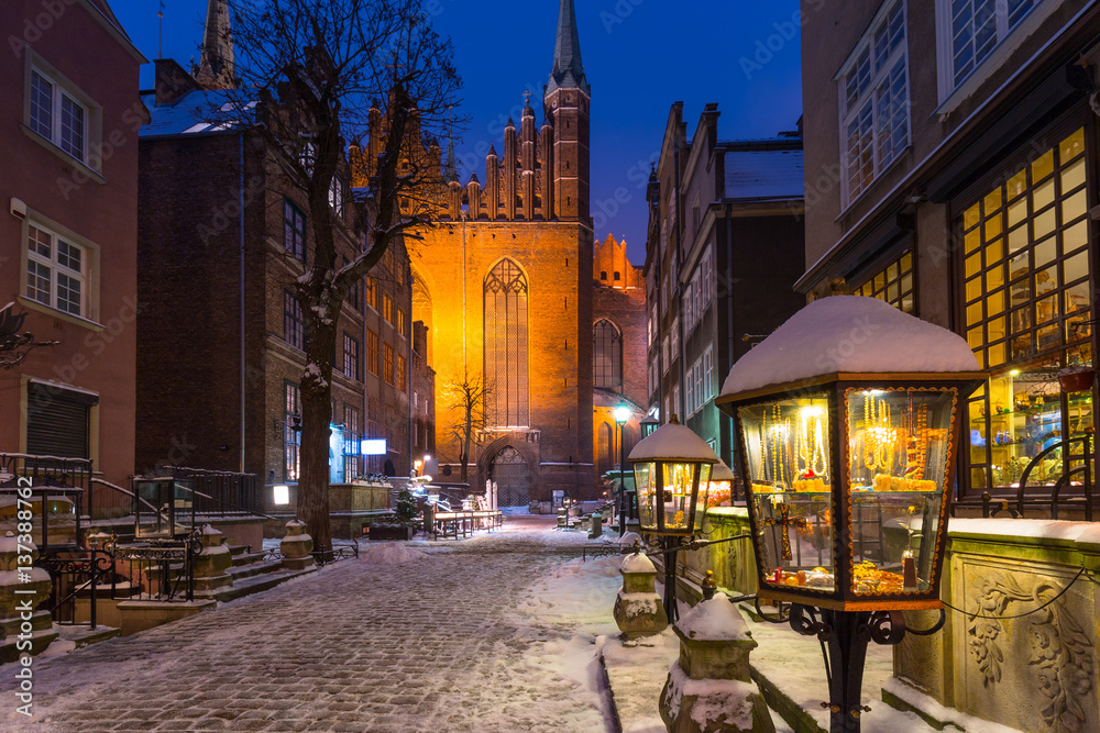 Mariacka street in Gdansk at snowy winter, Poland