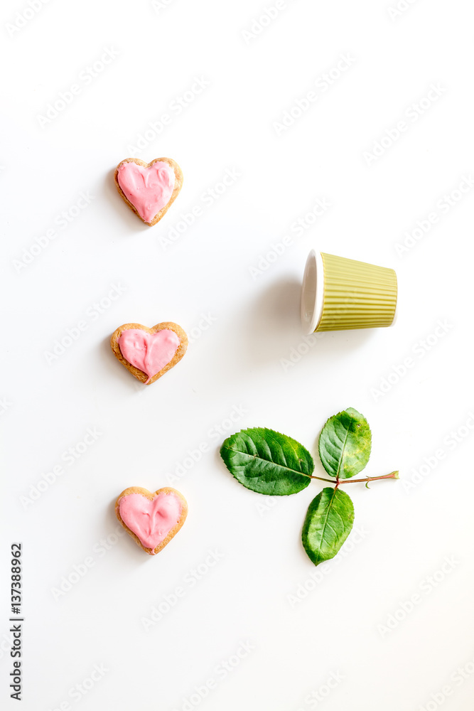 cookies for Valentine Day heartshaped on white background top view