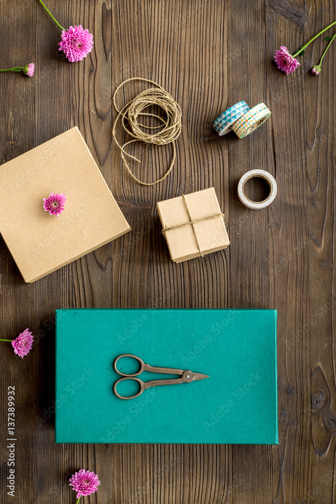 wrapping gifts in box for holiday top view mock up