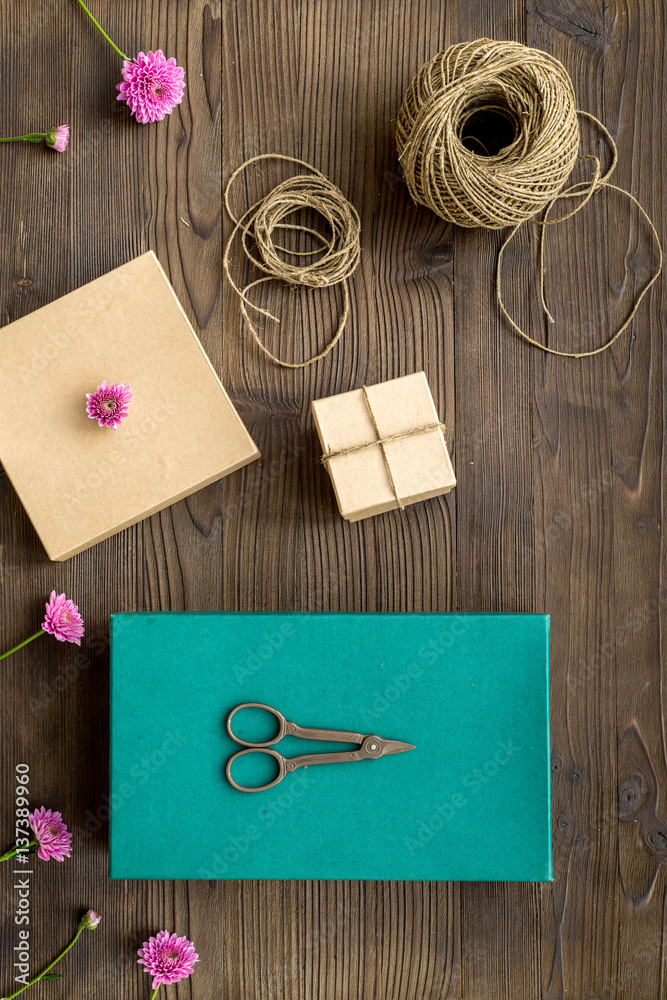 wrapping gifts in box for holiday top view mock up