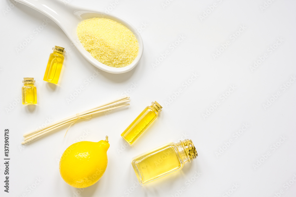 Cosmetic set with oil and salt on white background top view mockup