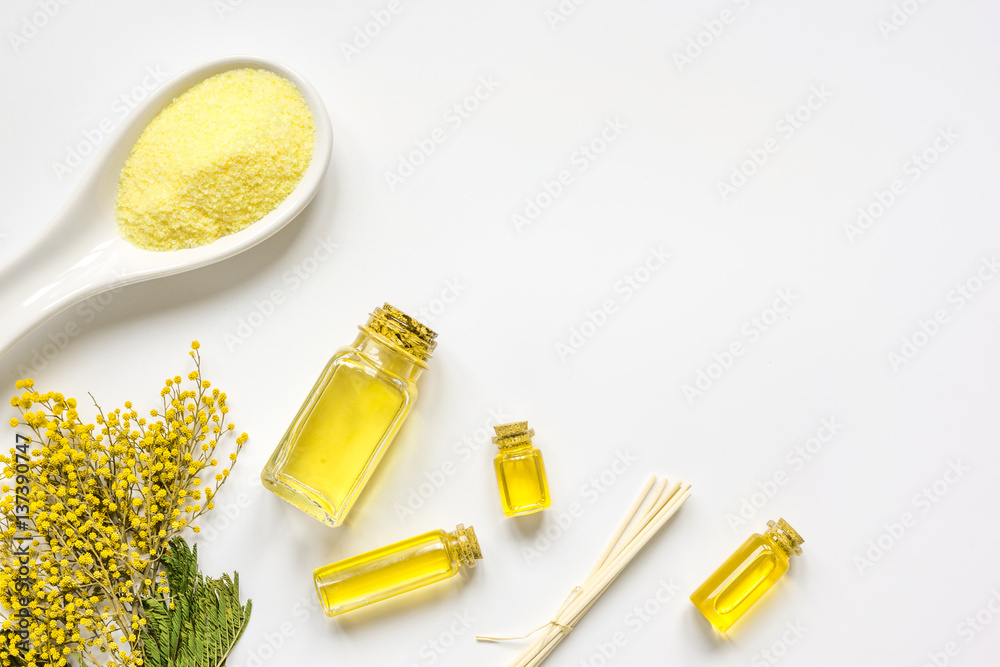 Cosmetic set with oil and salt on white background top view mockup