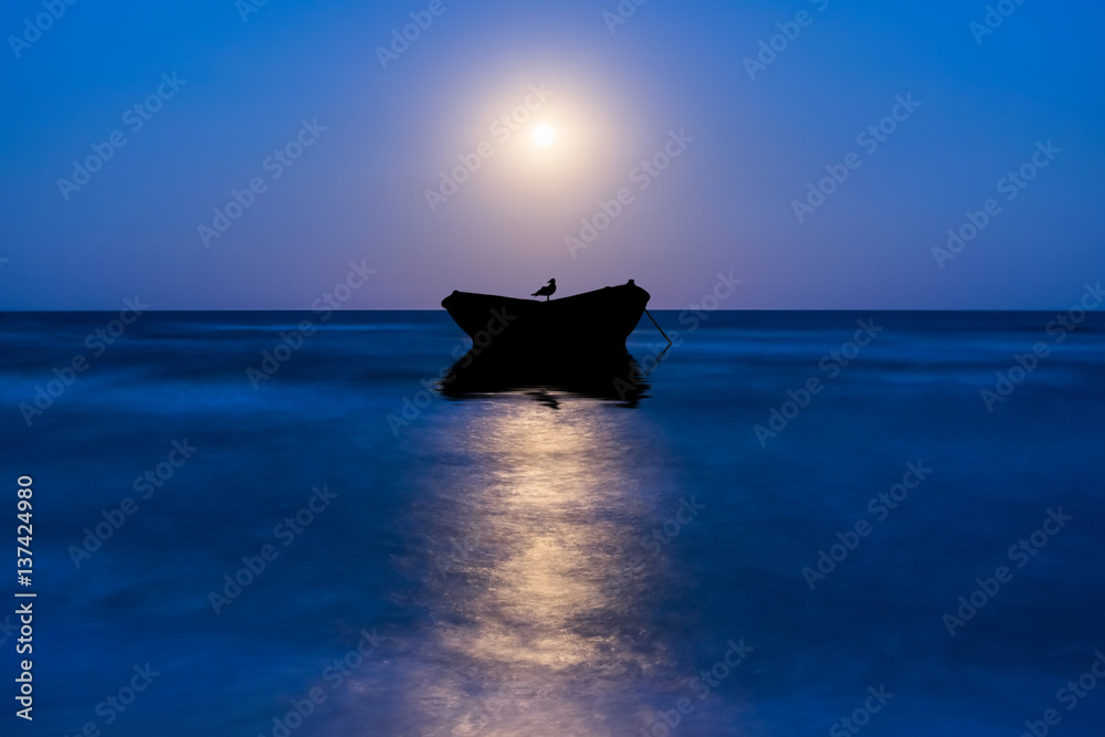 Night Landscape with Moon and Boat