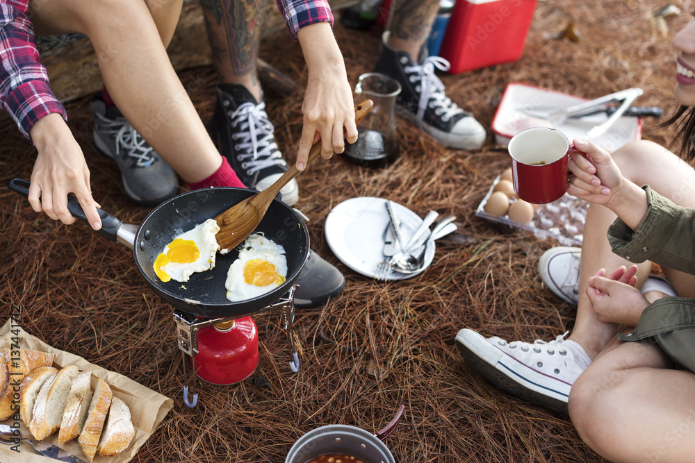 Friends Camping Eating Food Concept