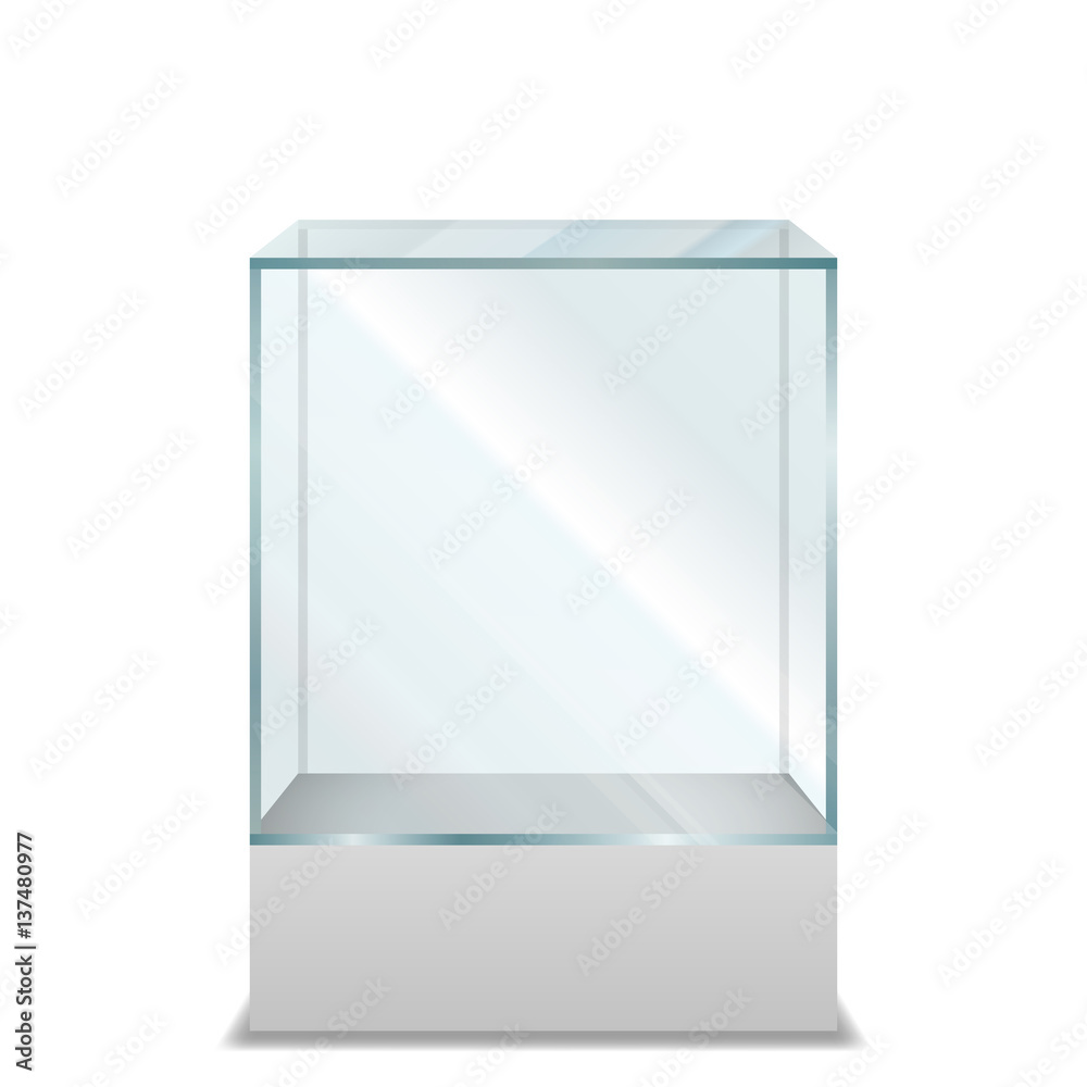 Empty transparent Glass Box on pedestal, Isolated on White Background, Vector