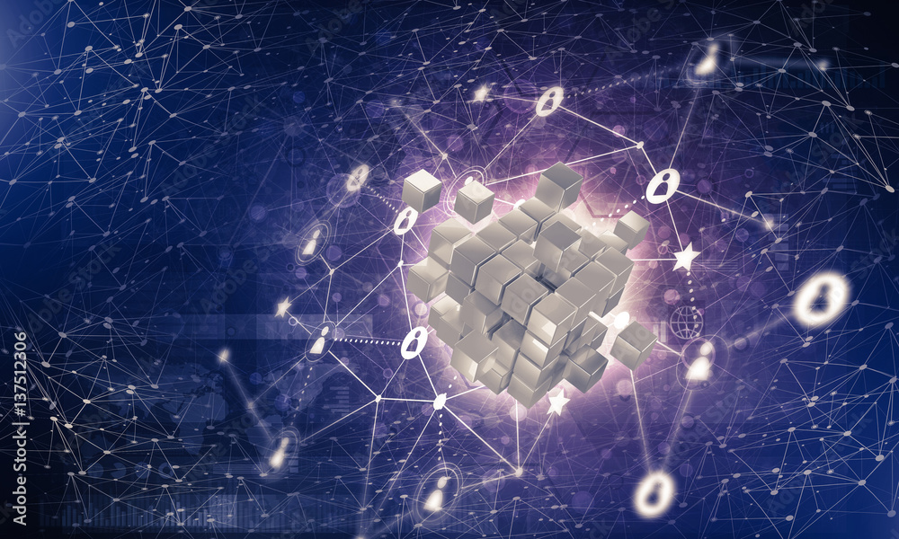 Concept of Internet and networking with digital cube figure on d