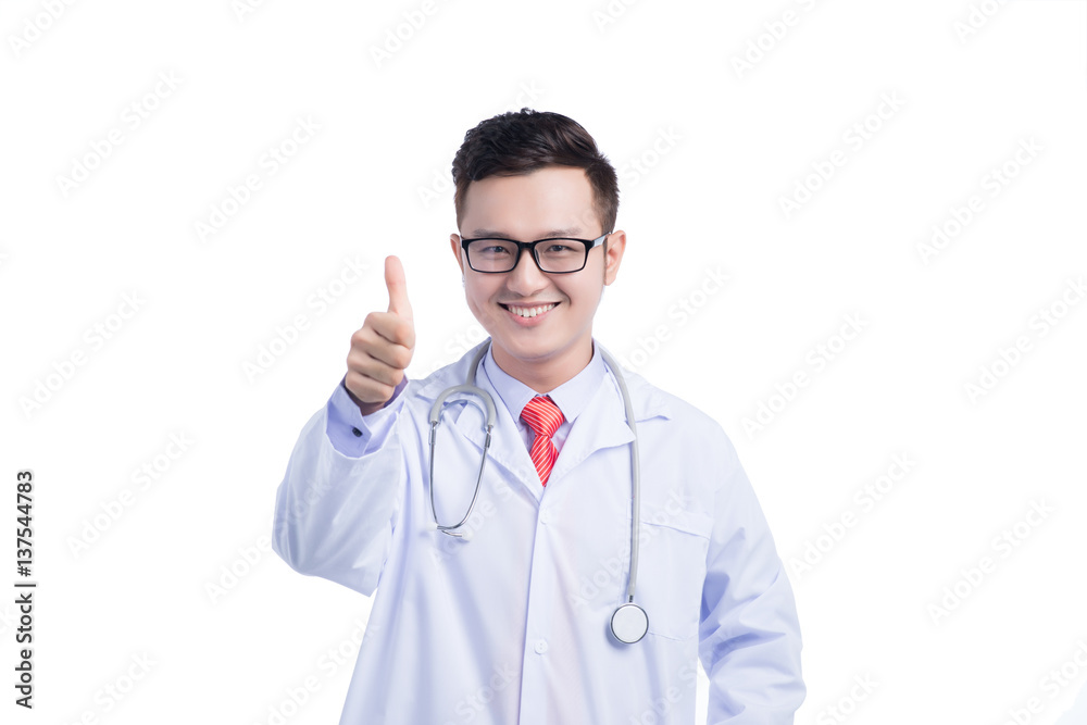 Smiling medical doctor with stethoscope gesture.