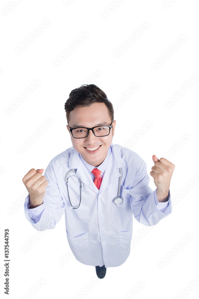 Top view of a smiling young medical doctor isolated over white background