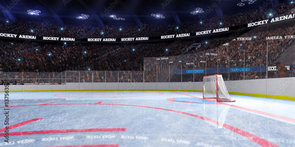 Sport hockey stadium 3d render whith people fans and light