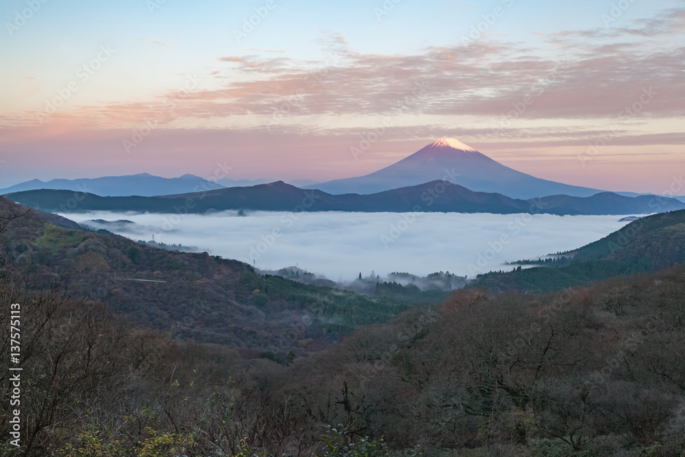 Mt.fuji and sea of mist above lake ashi at Hakone in autumn early morning