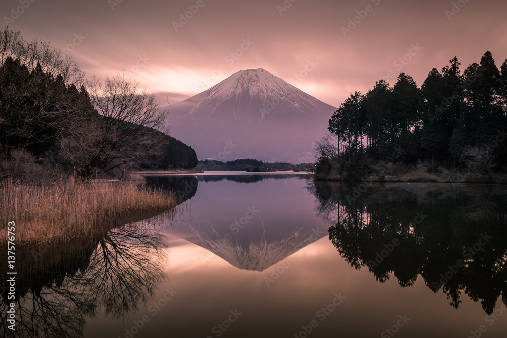 Mountain Fuji and Lake Tanumi with beautiful sunrise in winter season. Lake Tanuki is a lake near Mo