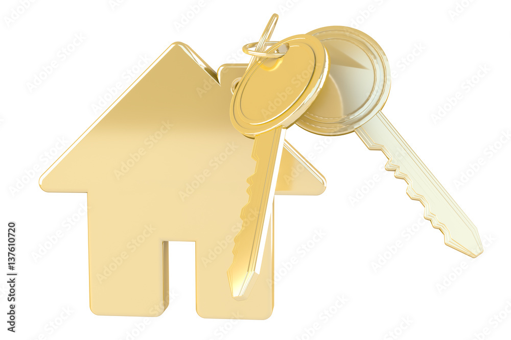 Gold key with house keyring 3D rendering