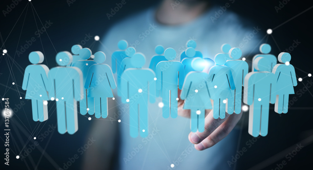 Businessman touching 3D rendering group of people with his finger