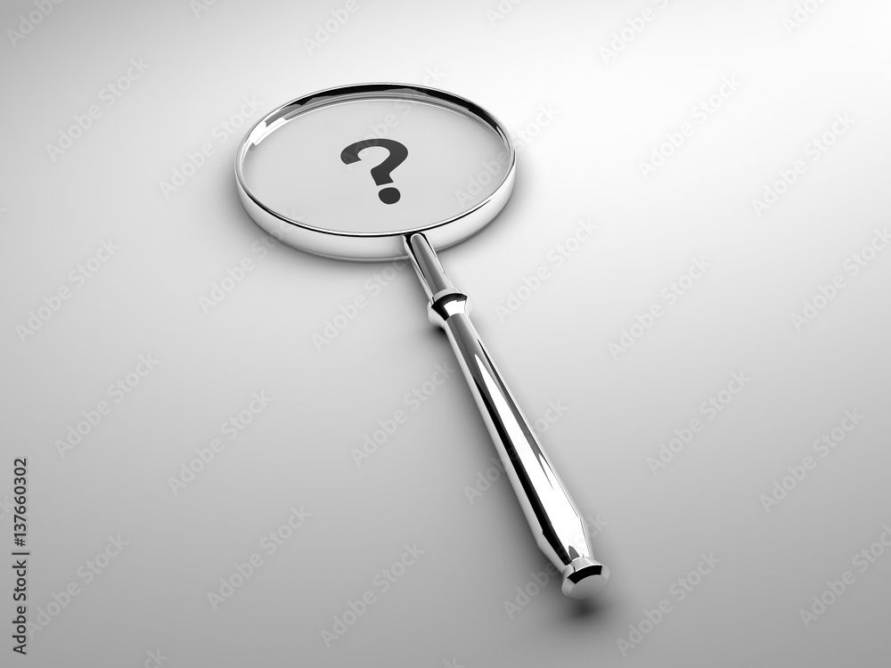 magnifying glass with question mark on white background.