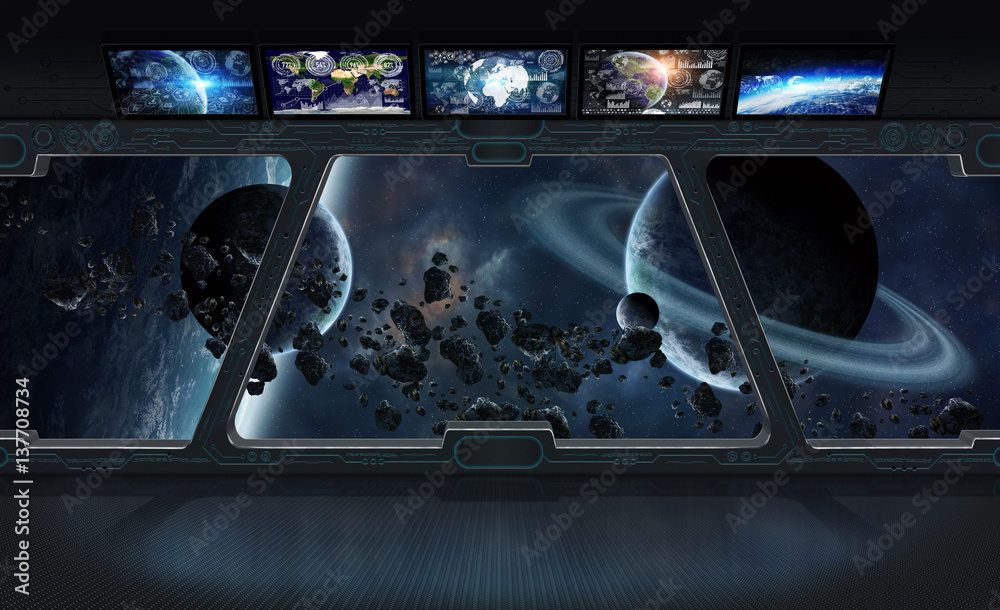 View of outer space from the window of a space station 3D rendering elements of this image furnished