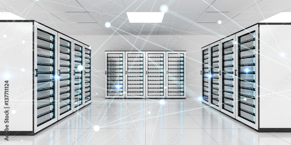 Abstract network on server room data center 3D rendering