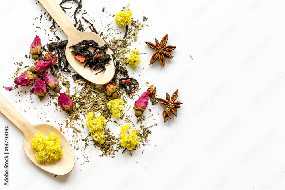 Wooden spoons with herbal tea white background top view mock-up