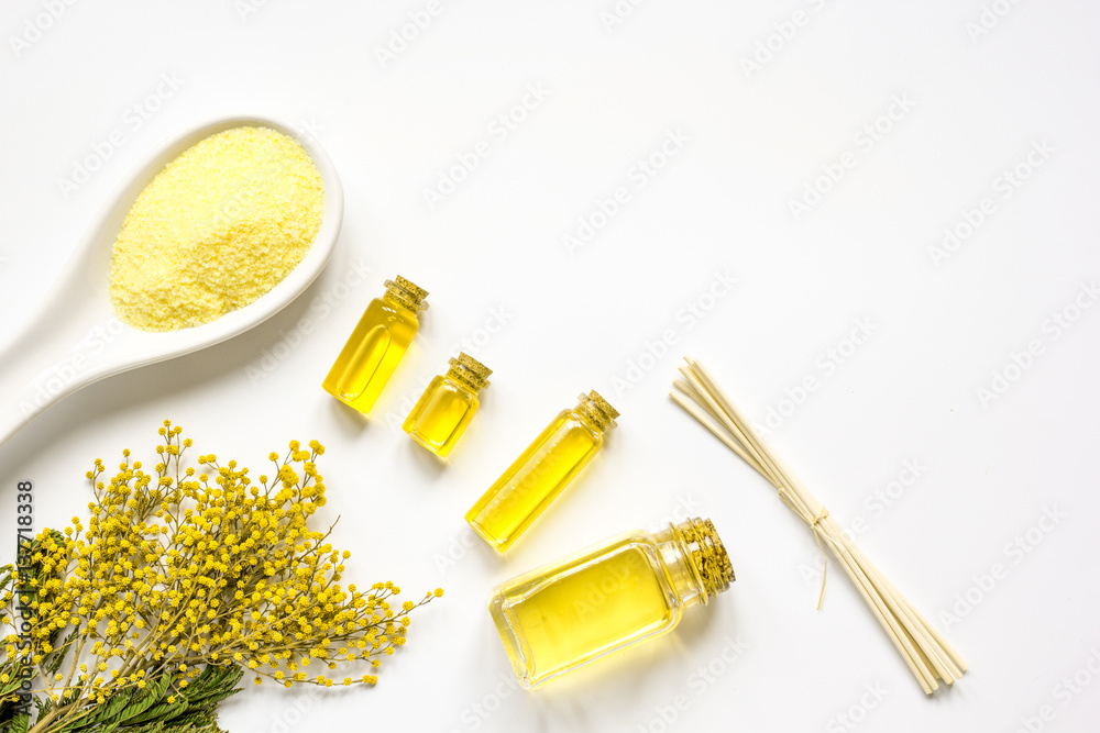 Cosmetic set with oil and salt on white background top view mockup