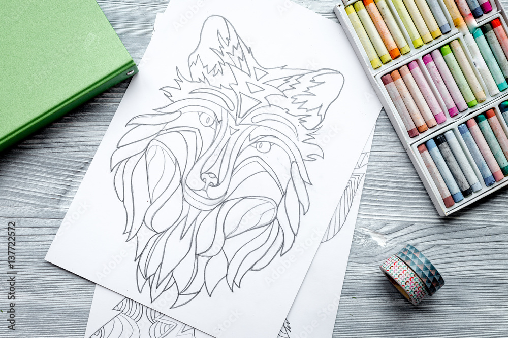 coloring picture for adults on wooden background top view