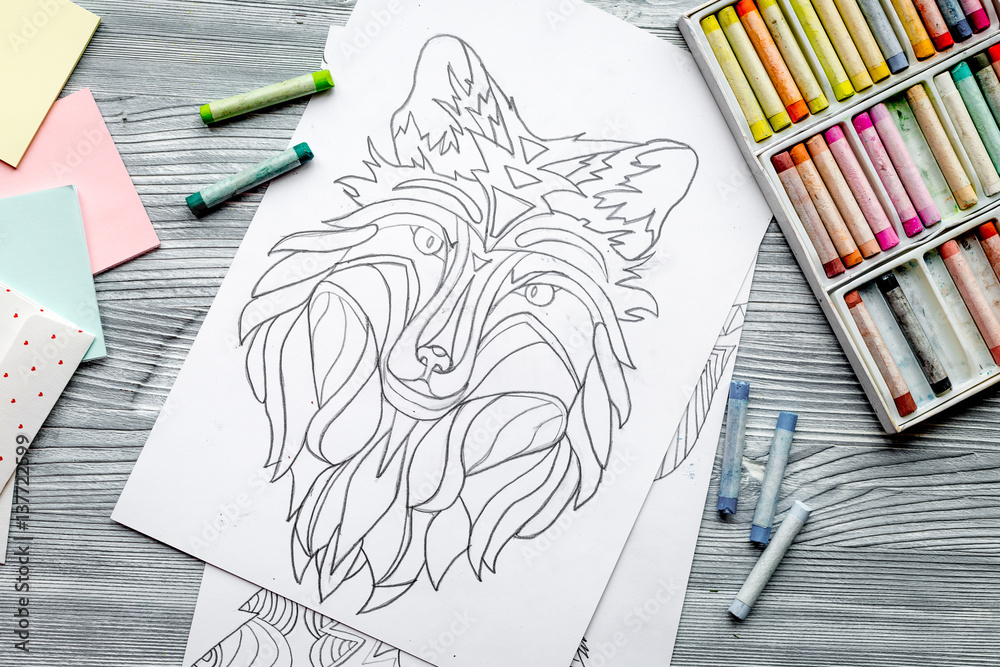 coloring picture for adults on wooden background top view