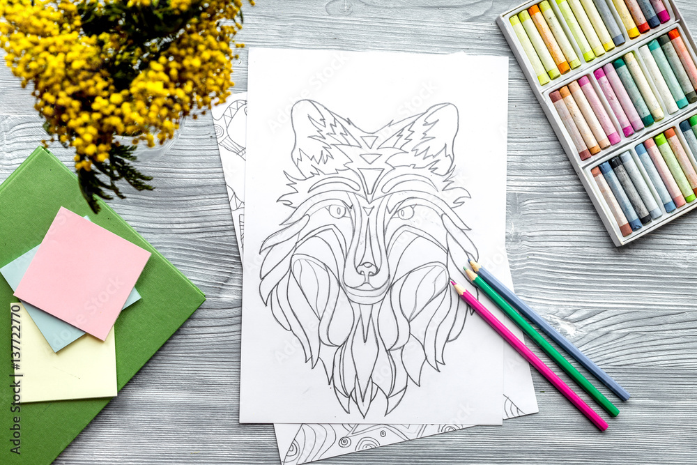 coloring picture for adults on wooden background top view