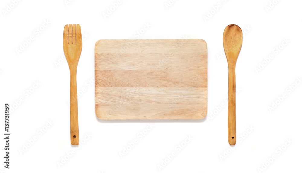 wooden spoon and fork with wooden board on white background.